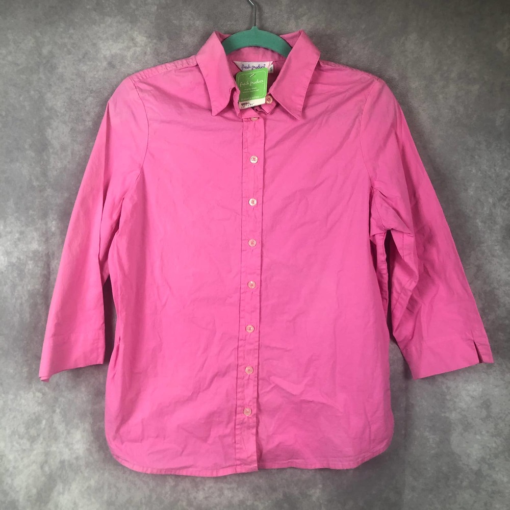 Fresh Produce Shirt Womens Small Pink Button Up Stretch Poplin Cotton Barbie NEW